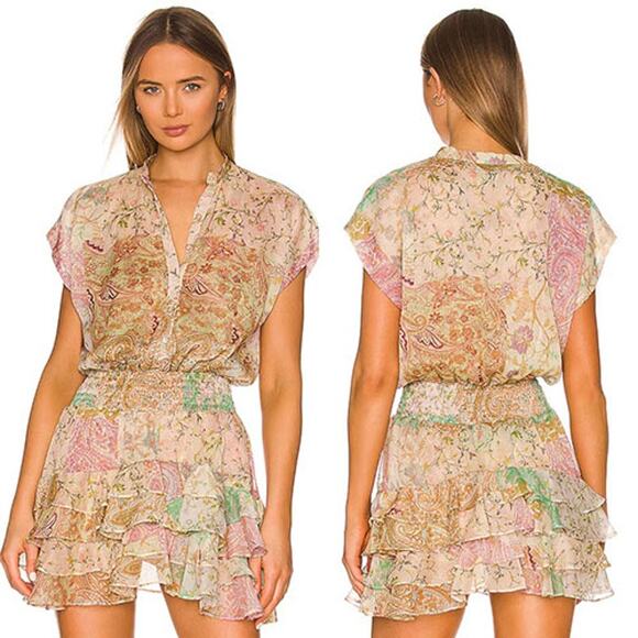 NWT MISA Los Angeles Evie Patchwork Smocked Cap Sleeve Lined Mini Dress Sz Large - Picture 1 of 7